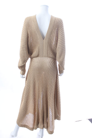 Chloe Asymmetric Ribbed Knit Lurex Midi Dress
