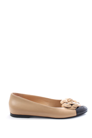 Chanel Camelia Flower Two Tone Leather Ballet Flats