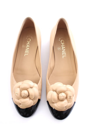 Chanel Camelia Flower Two Tone Leather Ballet Flats