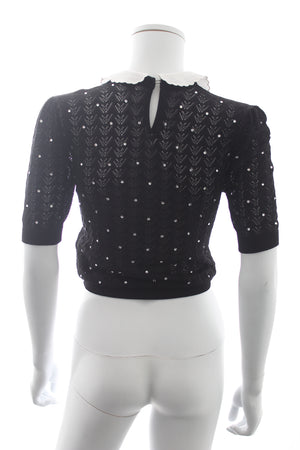 Alessandra Rich Peter Pan-Collar Crystal-Embellished Pointelle-Knit Top