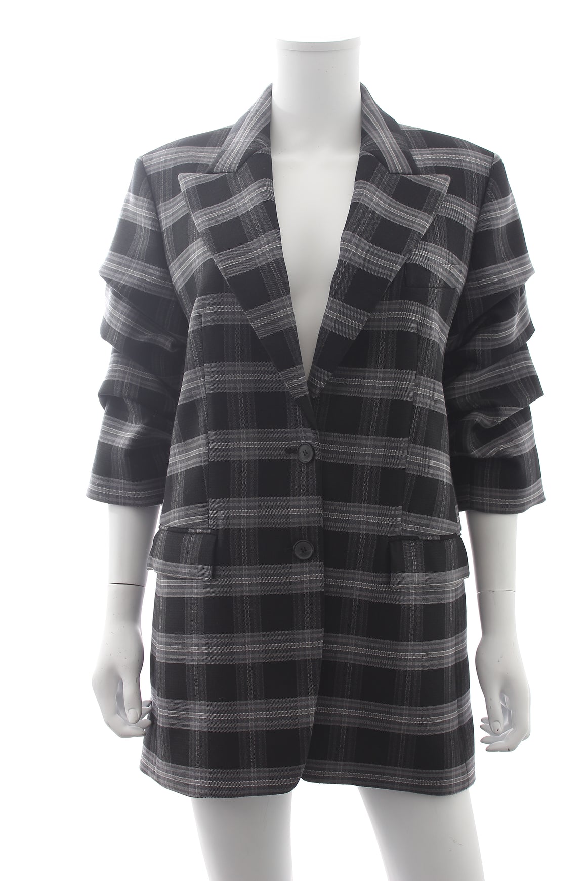 Michael Kors Collection Check Wool Gathered-Sleeve Blazer