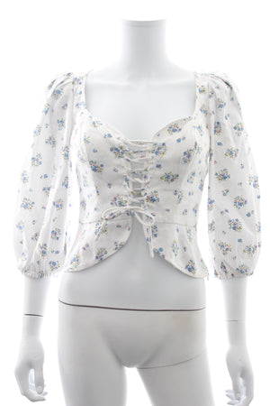 Reformation 'Barrett' Lace-Up Floral-Print Linen Top
