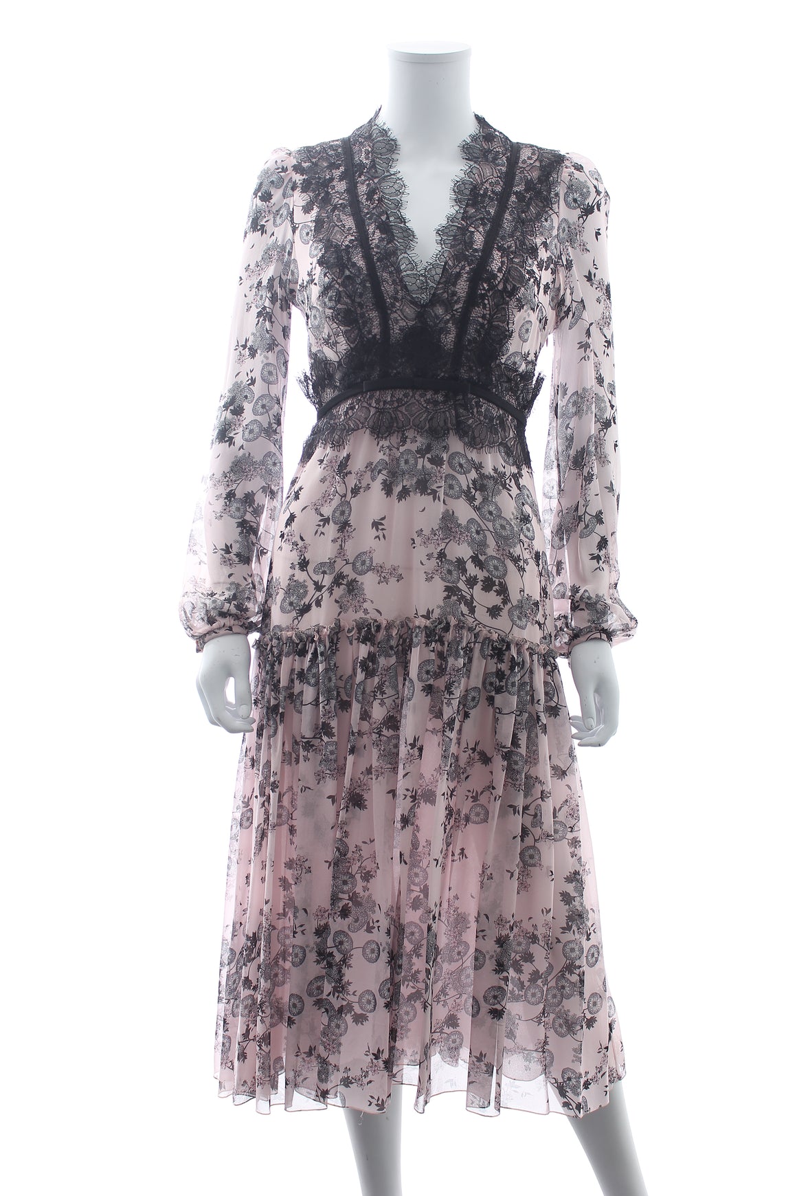Giambattista Valli Lace-Trimmed Floral Printed Silk-Chiffon Midi Dress