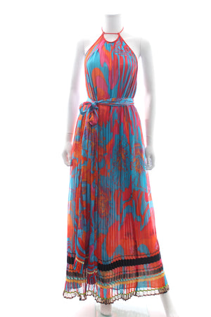 Roberto Cavalli Pleated Silk Halterneck Maxi Dress