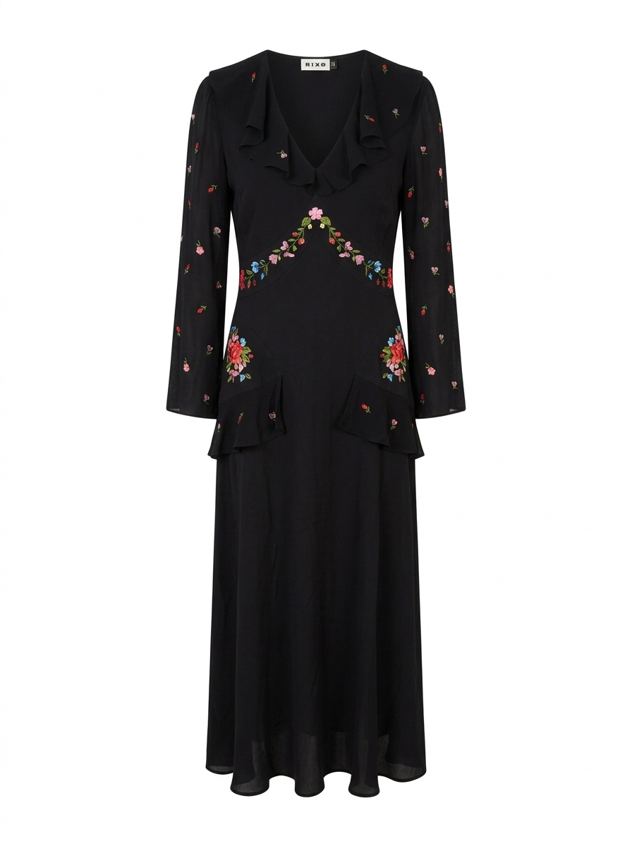 Rixo Cedar Floral Embroidered Silk Dress