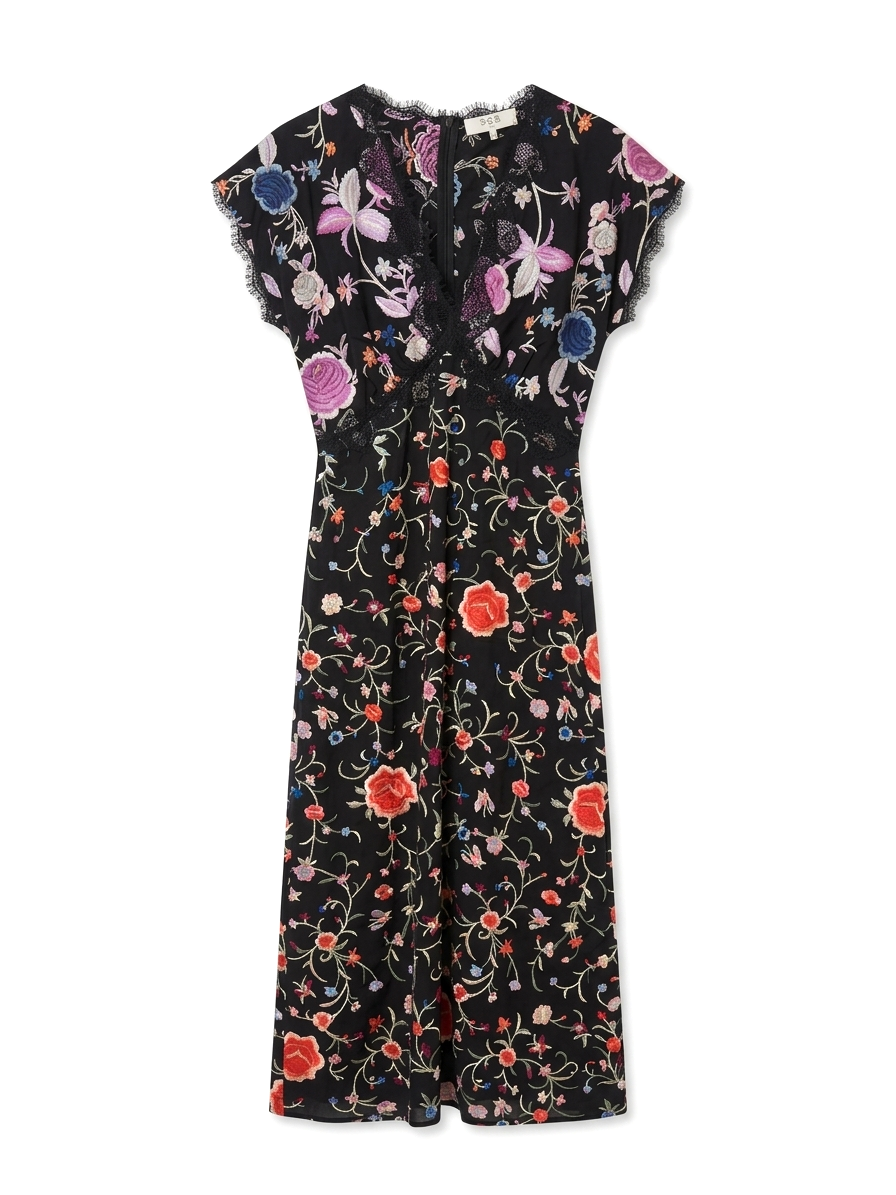 Sea New York Priscilla Lace-Trimmed Embroidered Crepe Midi Dress