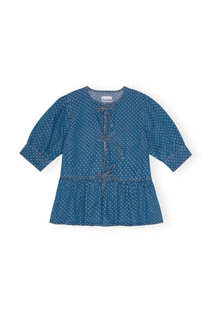 GANNI Polka-Dot Denim Peplum Blouse - Current Season