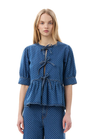 GANNI Polka-Dot Denim Peplum Blouse - Current Season