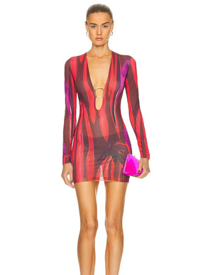 Louisa Ballou Helios Ring-Embellished Printed Stretch-Mesh Mini Dress