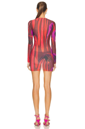 Louisa Ballou Helios Ring-Embellished Printed Stretch-Mesh Mini Dress