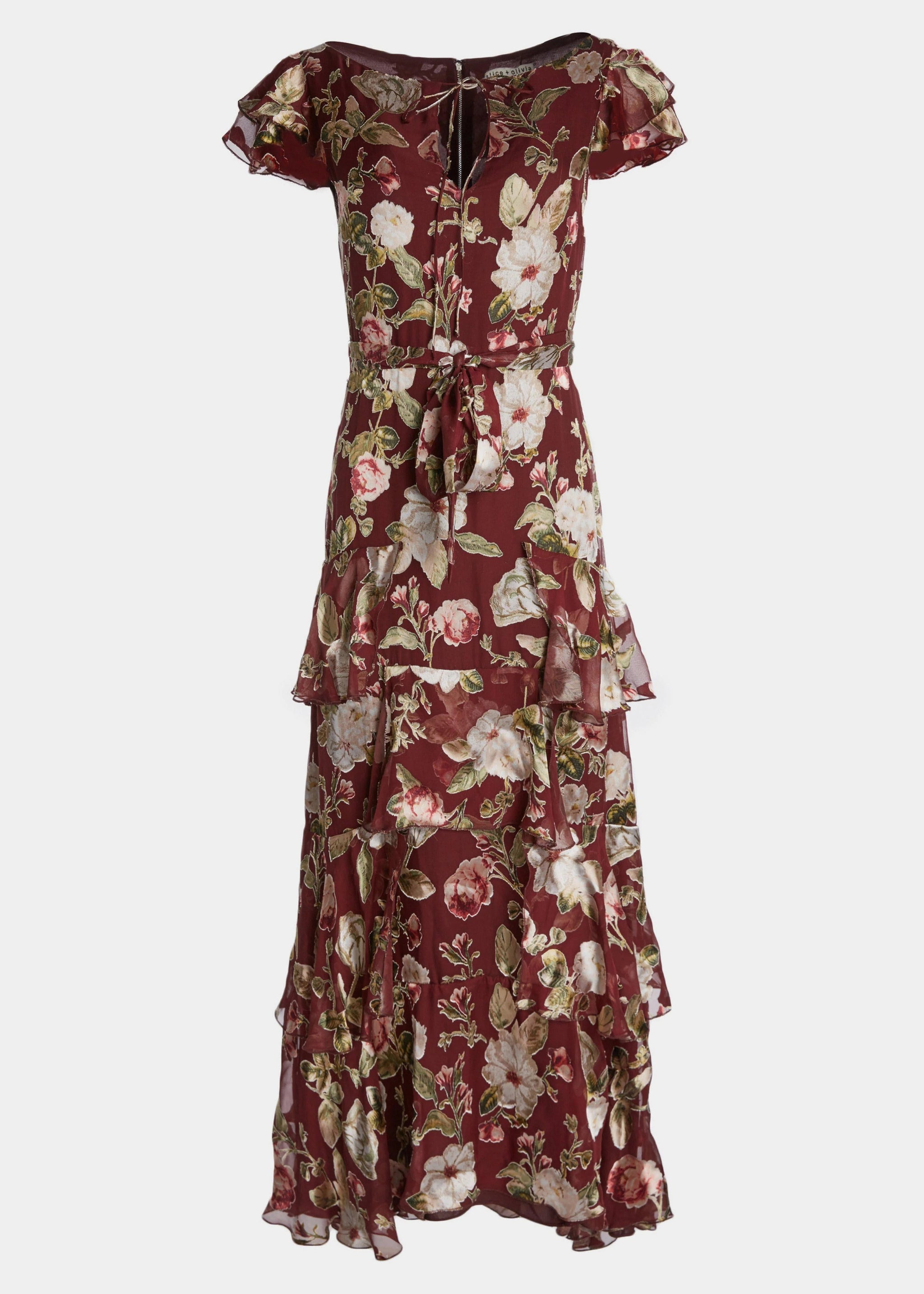 Alice + Olivia Jenny Flutter Sleeve Floral Printed Chiffon Maxi Dress