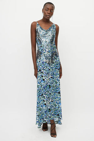 Paco Rabanne Chainmail Panelled Floral Printed Satin Maxi Dress