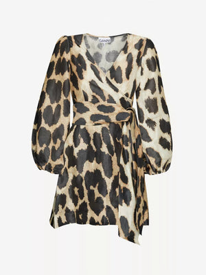 GANNI Leopard Printed Linen and Silk Mini Dress