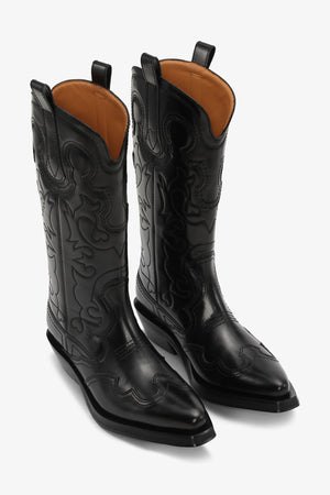 GANNI Embroidered Leather Cowboy Boots - Current Season