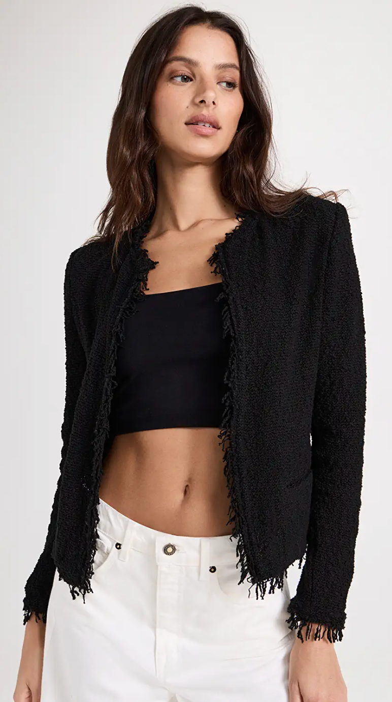 Shavani Frayed Edge Collarless Jacket: Black