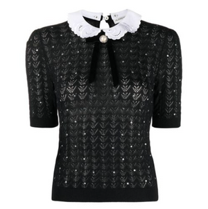 Alessandra Rich Peter Pan-Collar Crystal-Embellished Pointelle-Knit Top