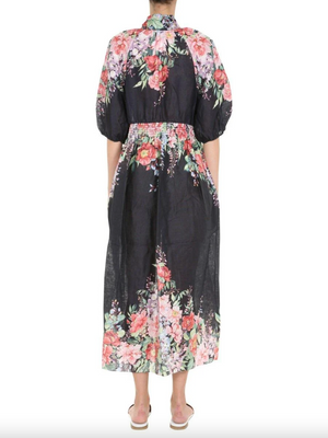 Zimmermann Bellitude Shirred Floral-Print Linen Midi Dress