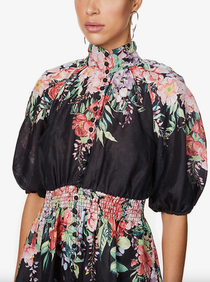 Zimmermann Bellitude Shirred Floral-Print Linen Midi Dress