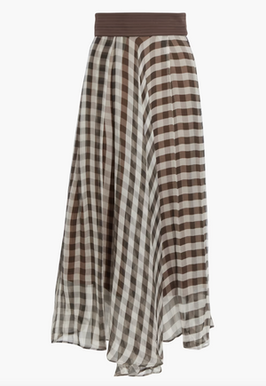 Brunello Cucinelli Asymmetric Gingham Silk Midi Skirt