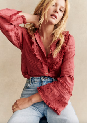 Sezane Nele Ruffled Embroidered Blouse - Current Season