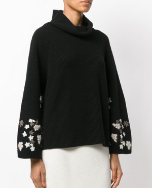 Ermanno Scervino Embroidered Floral Sleeve Wool and Cashmere-Blend Sweater