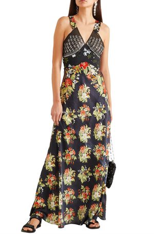 Paco Rabanne Embroidered Cutout Satin and Chiffon Maxi Dress