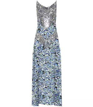 Paco Rabanne Chainmail Panelled Floral Printed Satin Maxi Dress