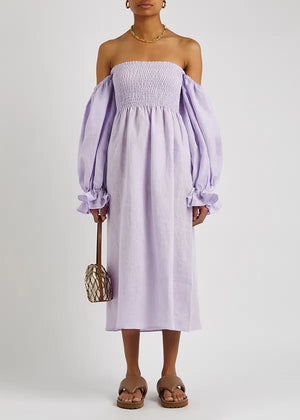 Sleeper 'Atlanta' Off-the-shoulder Shirred Linen Midi Dress