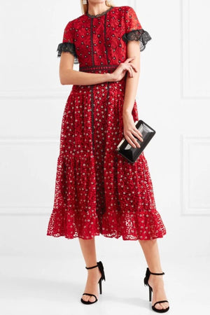 Saloni Andie Lace-Trimmed Floral Ruffled Midi Dress