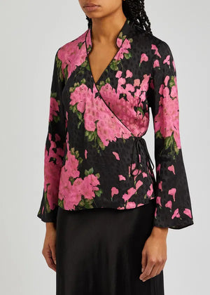 RIXO Blossom Floral Printed Satin Wrap Top