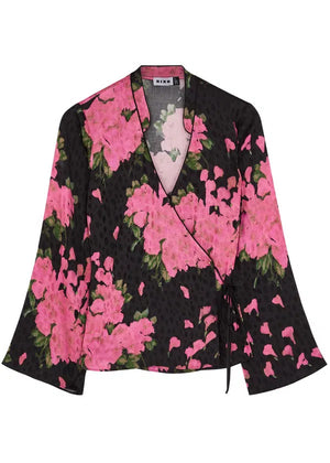 RIXO Blossom Floral Printed Satin Wrap Top