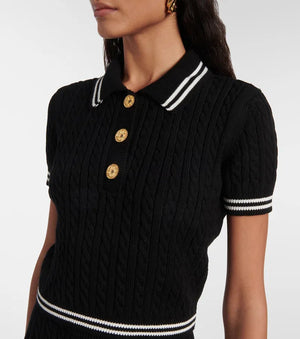 Alessandra Rich Cable-Knit Cropped Cotton Polo Shirt