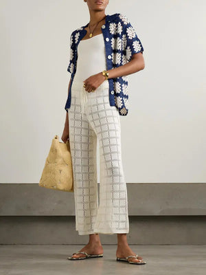 Calle Del Mar Checked Crochet Knit Cardigan