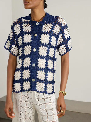 Calle Del Mar Checked Crochet Knit Cardigan