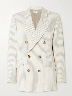 FRAME Pinstriped Double-Breasted Cotton and Linen-Blend Blazer