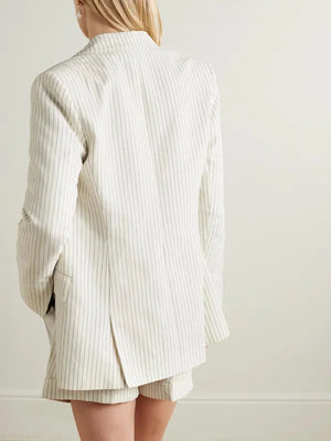 FRAME Pinstriped Double-Breasted Cotton and Linen-Blend Blazer