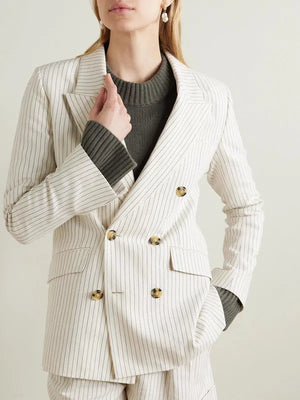 FRAME Pinstriped Double-Breasted Cotton and Linen-Blend Blazer