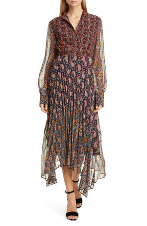 Altuzarra Lakshmi Asymmetric Paisley-Printed Pleated Midi Dress