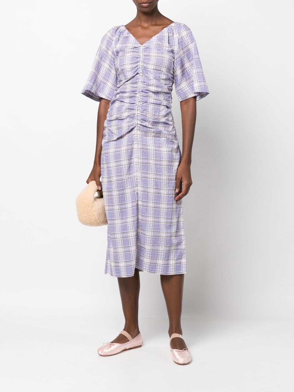 Ganni Checked Seersucker Ruched Midi Dress Closet Upgrade