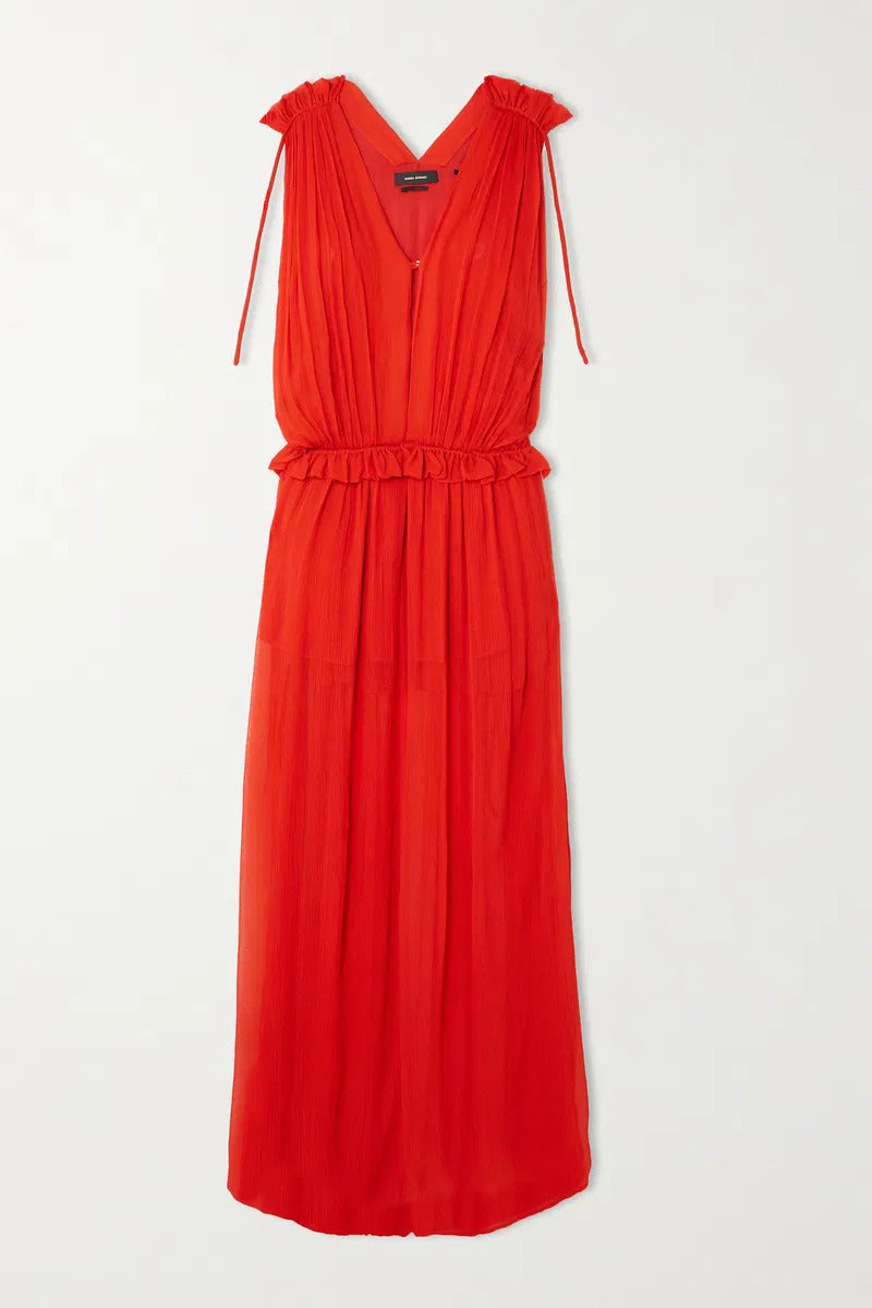 Isabel Marant Alsaw Ruffled Pleated Silk-Crepon Maxi Dress