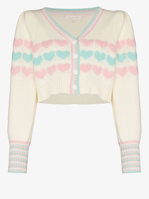 LoveShackFancy Buena Heart Intarsia Cotton-Blend Knitted Cropped Cardigan