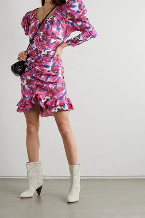 Isabel Marant Mireya Ruffled Gathered Floral Printed Mini Dress