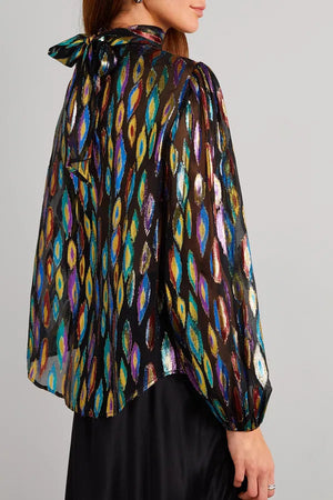 RIXO Moss Metallic-Silk Feather Print Top