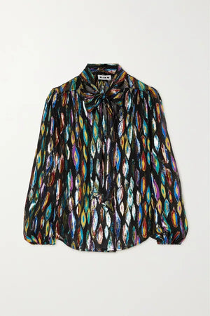 RIXO Moss Metallic-Silk Feather Print Top