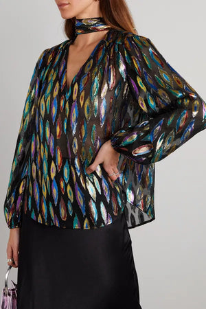 RIXO Moss Metallic-Silk Feather Print Top