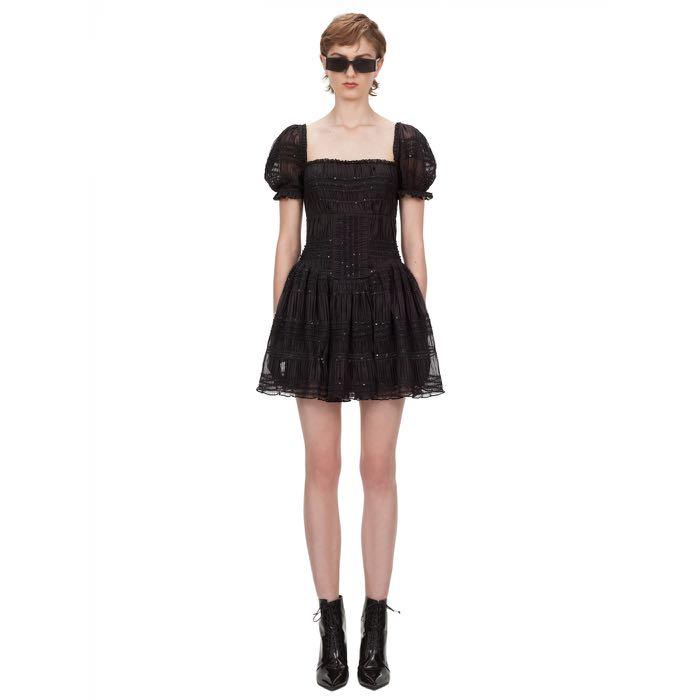 Self-Portrait Shirred Chiffon Square Neck Mini Dress