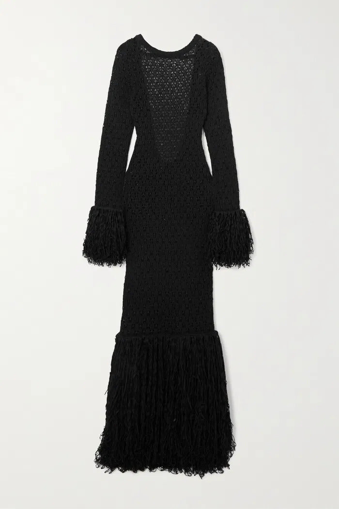 ROTATE Birger Christensen Open Back Fringed Knit Dress
