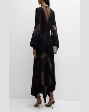 Zuhair Murad Plunging Plissé Lace Panelled Crepe Asymmetrical Midi Dress