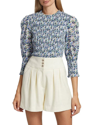 Veronica Beard Kali Smocked Cotton Printed Top