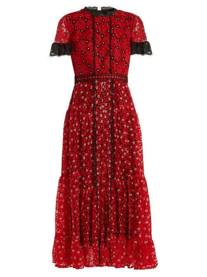 Saloni Andie Lace-Trimmed Floral Ruffled Midi Dress